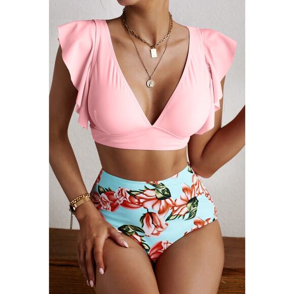NWT Pink Ruffle Shoulder Top Floral Printed High Waist Bottom Bikini - Picture 1 of 9